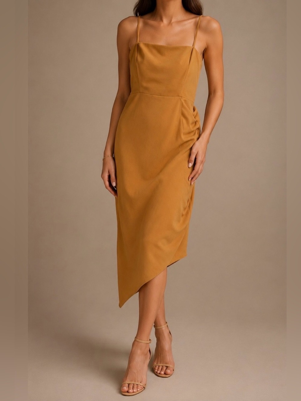 Gianni Bini Spaghetti Strap Asymmetric Midi Dress in Mustard